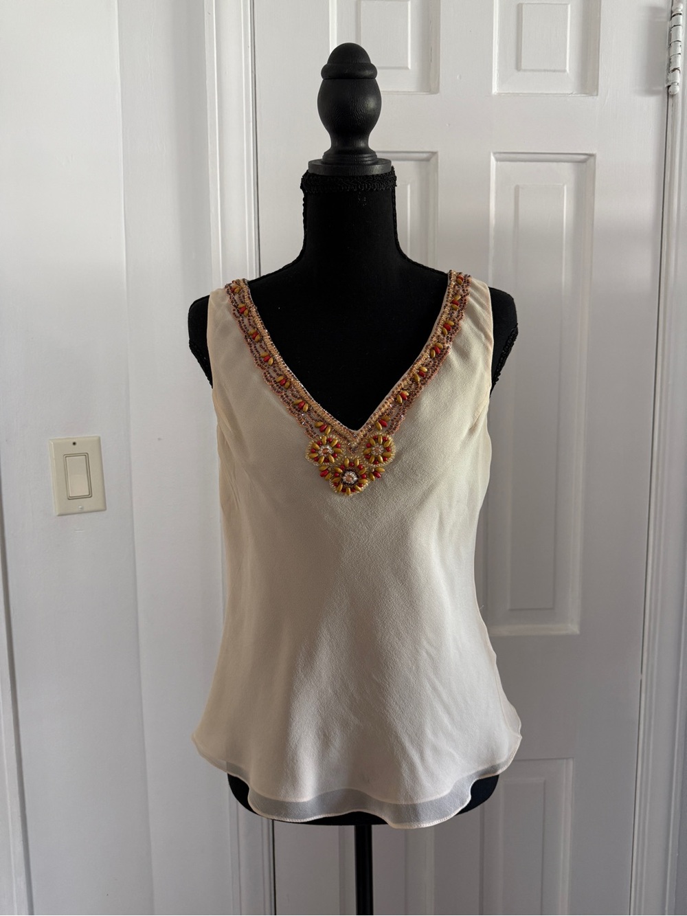 Cache Cream Silk Beaded V-Neck Camisole